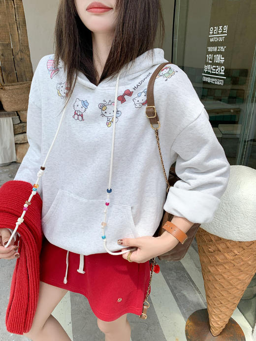 【179元任选2件】现货！灰色猫咪印花套头连帽卫衣 商品图10