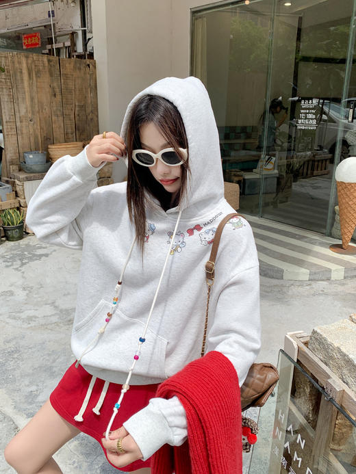 【179元任选2件】现货！灰色猫咪印花套头连帽卫衣 商品图5