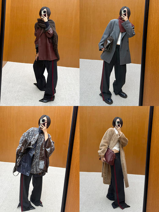 HIDEMI 进口绵羊毛侧缝条纹拼接撞色抽绳加厚阔腿裤长裤 商品图2