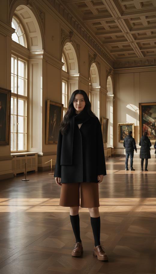 无领围巾款珠边双面手工短大衣 商品图0