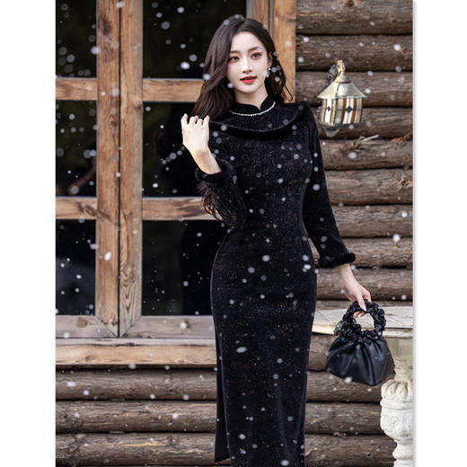 GX弹力超柔新中式黑色气质旗袍2025秋冬新款复古国风日常旗袍 商品图2