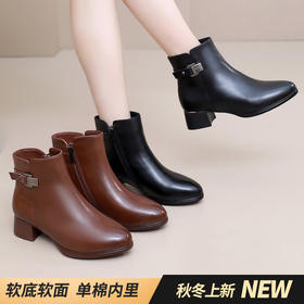 丁摩 秋冬季粗跟圆头短靴女法式复古加绒棉靴时尚中跟软底单靴5ZF-08126