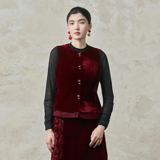 【林栖设计小店】真丝丝绒马甲拼桑蚕丝修身显瘦2025秋冬新款无袖外套女1954009 商品图1