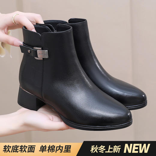 丁摩 秋冬季粗跟圆头短靴女法式复古加绒棉靴时尚中跟软底单靴5ZF-08126 商品图3
