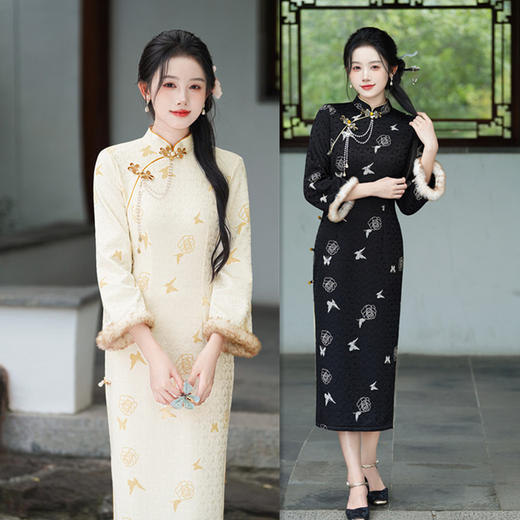 GX时尚年轻款长款倒大袖旗袍2025秋冬新款复古国风少女款日常旗袍裙 商品图0