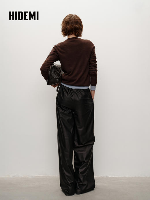 HIDEMI 进口西班牙小羊皮松紧腰显瘦阔腿皮裤长款 黑色 商品图3