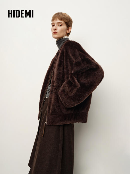 HIDEMI 进口拉贡皮毛一体拉链立领口袋大衣外套 乌木棕 商品图1