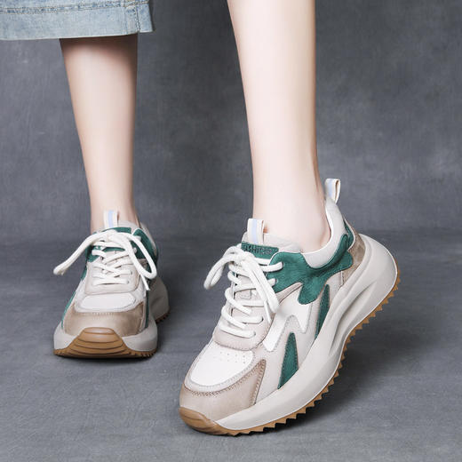 吉树热销2025真皮休闲运动鞋系带女鞋头层牛皮厚底拼色单鞋四季鞋 商品图2