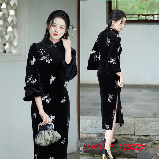 GX丝绒绣花长款倒大袖旗袍2025秋冬新款复古国风改良新中式日常旗袍 商品图1