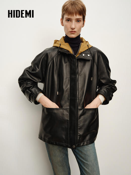 HIDEMI 进口西班牙小羊皮连帽拼接假两件飞行员大衣皮衣外套 黑色拼卡其色 商品图4