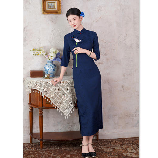 GX复古中国风长款中袖旗袍2025秋冬新款时尚中式修身旗袍 商品图2