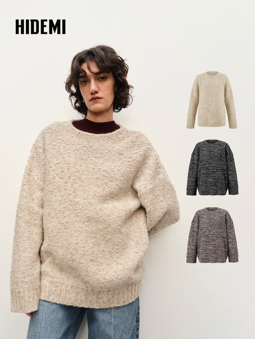 HIDEMI 美利奴羊毛加厚款夹花廓形极简宽松圆领大毛衣 商品图0