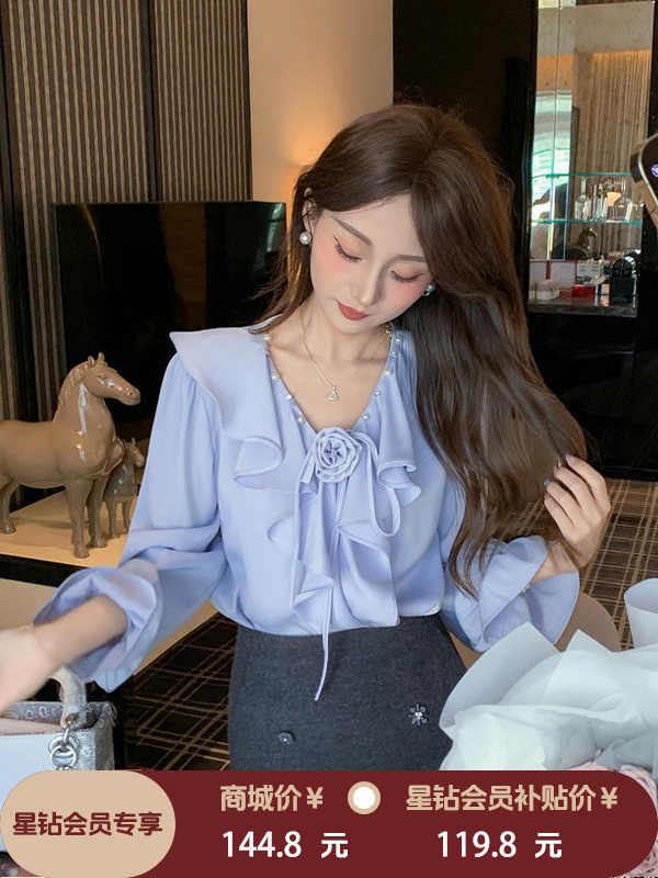 张心子【蔷薇美术馆】法式荷叶边缎面雪纺衫衬衫上衣 U2511041