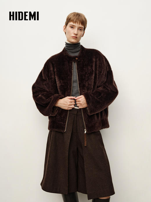 HIDEMI 进口拉贡皮毛一体拉链立领口袋大衣外套 乌木棕 商品图0