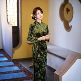 GX老上海复古中国风长款绿色旗袍2025秋冬款高级感女士宴会长袖旗袍