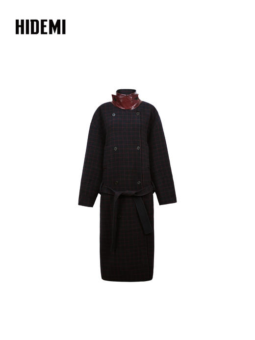 HIDEMI 大秀款进口羊毛格纹撞色拼皮立领双面呢可拆卸腰带加厚长款大衣外套 红蓝格纹 商品图6