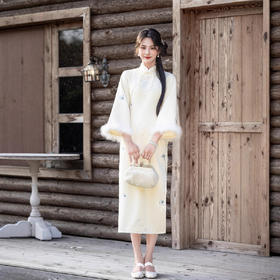 GX麂皮绒绣花长款倒大袖旗袍2025秋冬新款时尚改良年轻款加绒旗袍裙