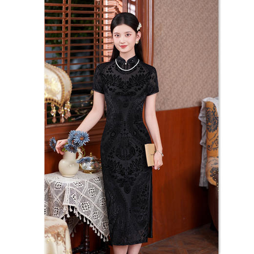 GX弹力网纱植绒长款短袖旗袍2025初秋新款时尚修身高级感日常旗袍裙 商品图3