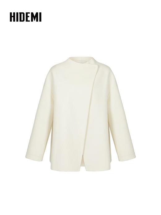 HIDEMI 美利奴羊毛双面呢不对称设计感翻领大衣 乳白色/黑色 商品图8