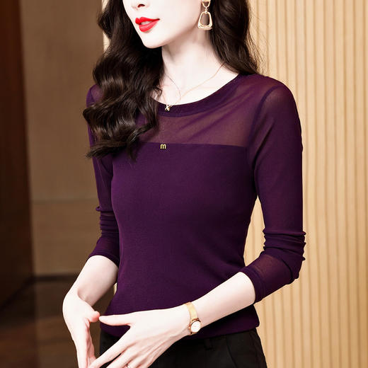 圆领简约百搭修身显瘦，纯色长袖网纱打底衫T恤小衫KQL-E37M2808 商品图3