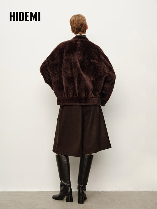 HIDEMI 进口拉贡皮毛一体拉链立领口袋大衣外套 乌木棕 商品图3
