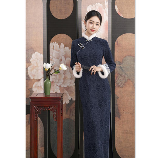 GX加绒色织提花长款高级感旗袍2025秋冬新款复古国风旗袍 商品图0