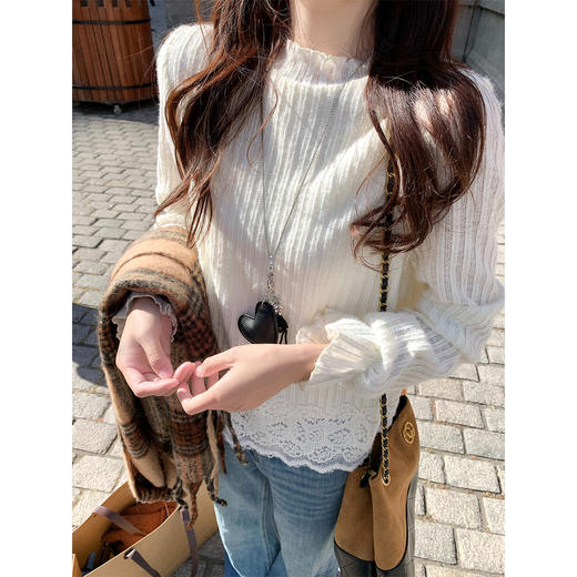 <曾小咸推荐>3.22现货秒杀 ！微信超特价！蕾丝拼接针织长袖T恤 日常129.99 立减70 秒杀59.99！！ 商品图2