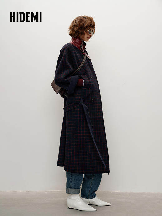 HIDEMI 大秀款进口羊毛格纹撞色拼皮立领双面呢可拆卸腰带加厚长款大衣外套 红蓝格纹 商品图4