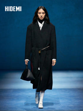 HIDEMI 大秀款进口羊毛长毛苏利V领极简廓形长款立裁西装权威大衣