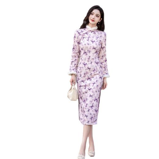 GX紫色旗袍2025秋冬季新款修身新中式日常可穿冬季长袖加厚加绒旗袍 商品图4