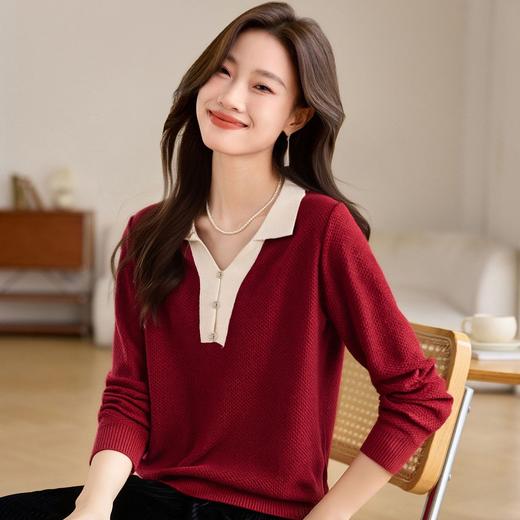 翻领撞色假两件针织衫，长袖洋气减龄打底衫上衣CC-53-671-2 商品图1