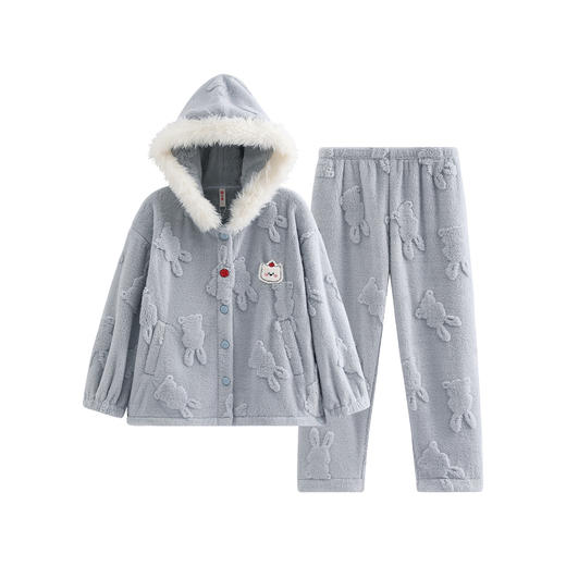 芬腾女士珊瑚绒睡衣秋冬季加绒加厚连帽套装女款法兰绒可爱家居服 商品图4