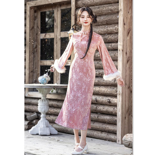 GX针织绒超柔长款倒大袖旗袍2025秋冬新款时尚改良新中式日常旗袍裙 商品图2