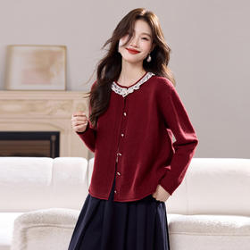 设计感蕾丝拼接针织开衫，慵懒风短款小香风毛衣外套CC-J-6986