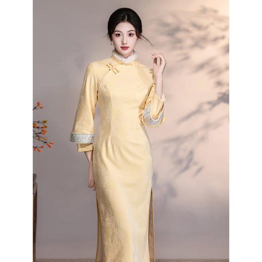 LSB 4158黄色旗袍长袖加绒国风新中式连衣裙 商品图4