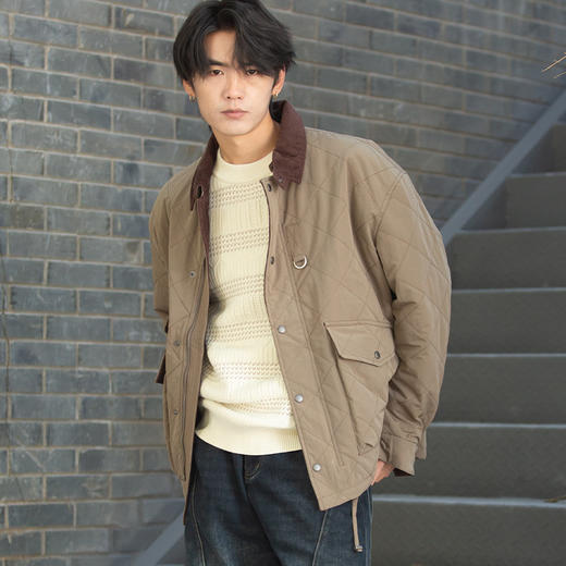 DRONKOO 2025 灯芯绒翻领菱形格绗缝巴恩风短款厚棉服 商品图1