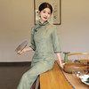 SC17346绿色国风中式长款秋季七分袖旗袍改良年轻款女复古修身收腰春秋装 商品缩略图2