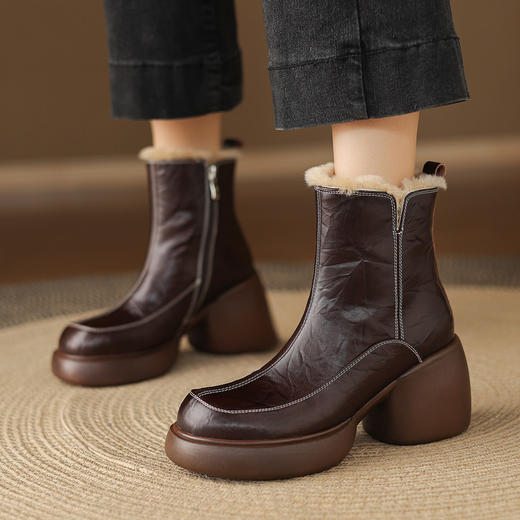 【预售5天】秋冬新款时尚百搭真皮羊毛保暖雪地靴粗跟厚底增高跟短靴女TYMXY&7037 商品图1