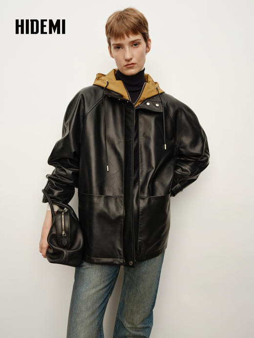 HIDEMI 进口西班牙小羊皮连帽拼接假两件飞行员大衣皮衣外套 黑色拼卡其色 商品图0