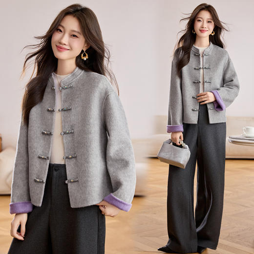 新中式国风复古盘扣毛呢外套，时尚显瘦红色双面羊毛大衣HR-ZYQ25280 商品图2