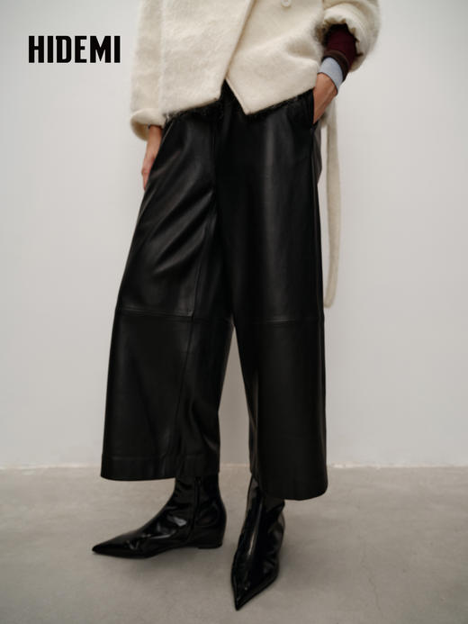 HIDEMI 进口西班牙小羊皮松紧腰阔腿裤九分皮裤 商品图2