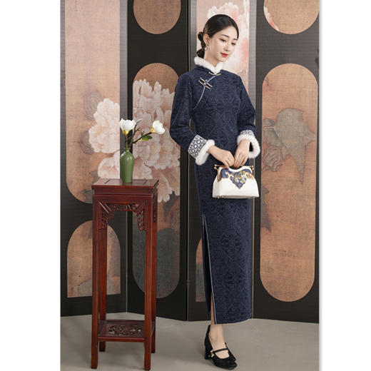 GX加绒色织提花长款高级感旗袍2025秋冬新款复古国风旗袍 商品图3