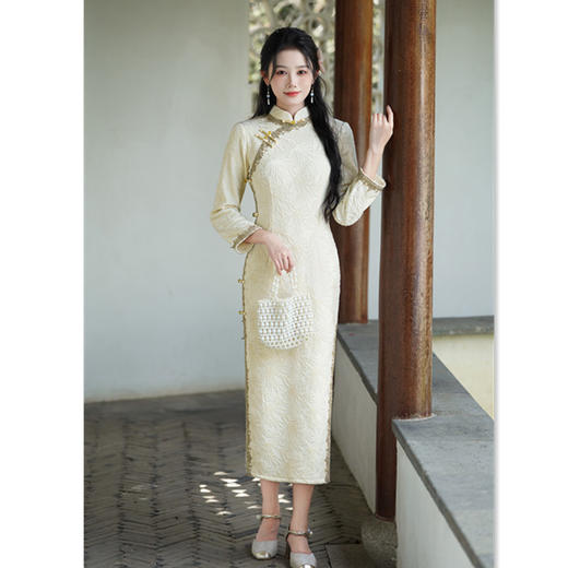 GX复古国风年轻款长款花边旗袍2025秋冬新款时尚素雅日常修身旗袍裙 商品图2