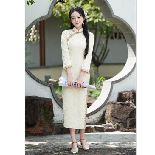 GX复古国风年轻款长款花边旗袍2025秋冬新款时尚素雅日常修身旗袍裙 商品图0