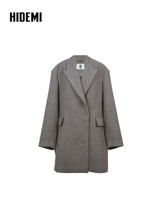 HIDEMI 大秀款进口羊毛色织格纹廓形宽肩口袋加厚西装大衣毛呢外套 商品图5
