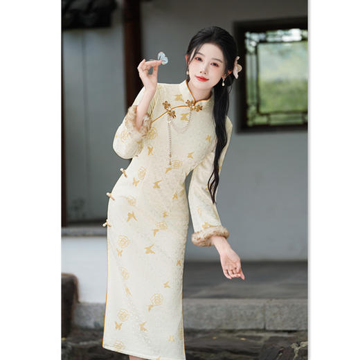 GX时尚年轻款长款倒大袖旗袍2025秋冬新款复古国风少女款日常旗袍裙 商品图3