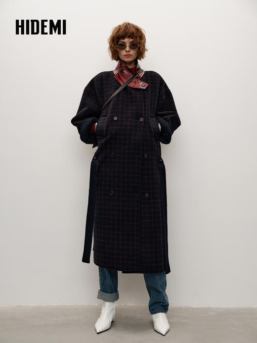 HIDEMI 大秀款进口羊毛格纹撞色拼皮立领双面呢可拆卸腰带加厚长款大衣外套 红蓝格纹 商品图2