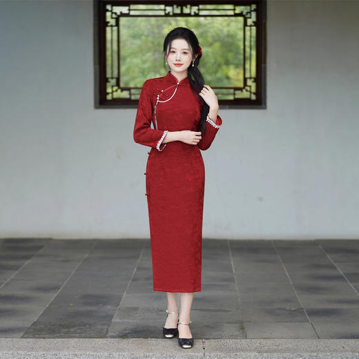GX复古中国风长款九分袖旗袍2025秋冬新款改良中式年轻款修身旗袍裙 商品图0