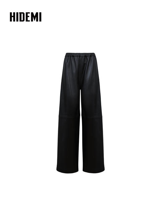 HIDEMI 进口西班牙小羊皮松紧腰显瘦阔腿皮裤长款 黑色 商品图6