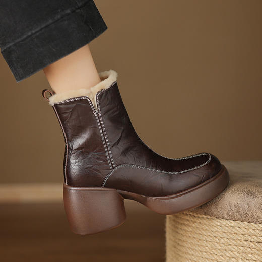 【预售5天】秋冬新款时尚百搭真皮羊毛保暖雪地靴粗跟厚底增高跟短靴女TYMXY&7037 商品图3